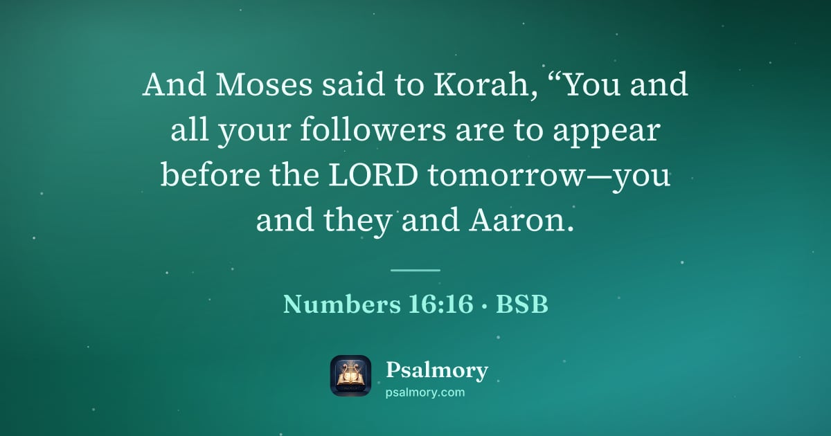 Numbers 16:16 verse artwork: And Moses said to Korah, “You and all your followers are to appear before the LORD…
