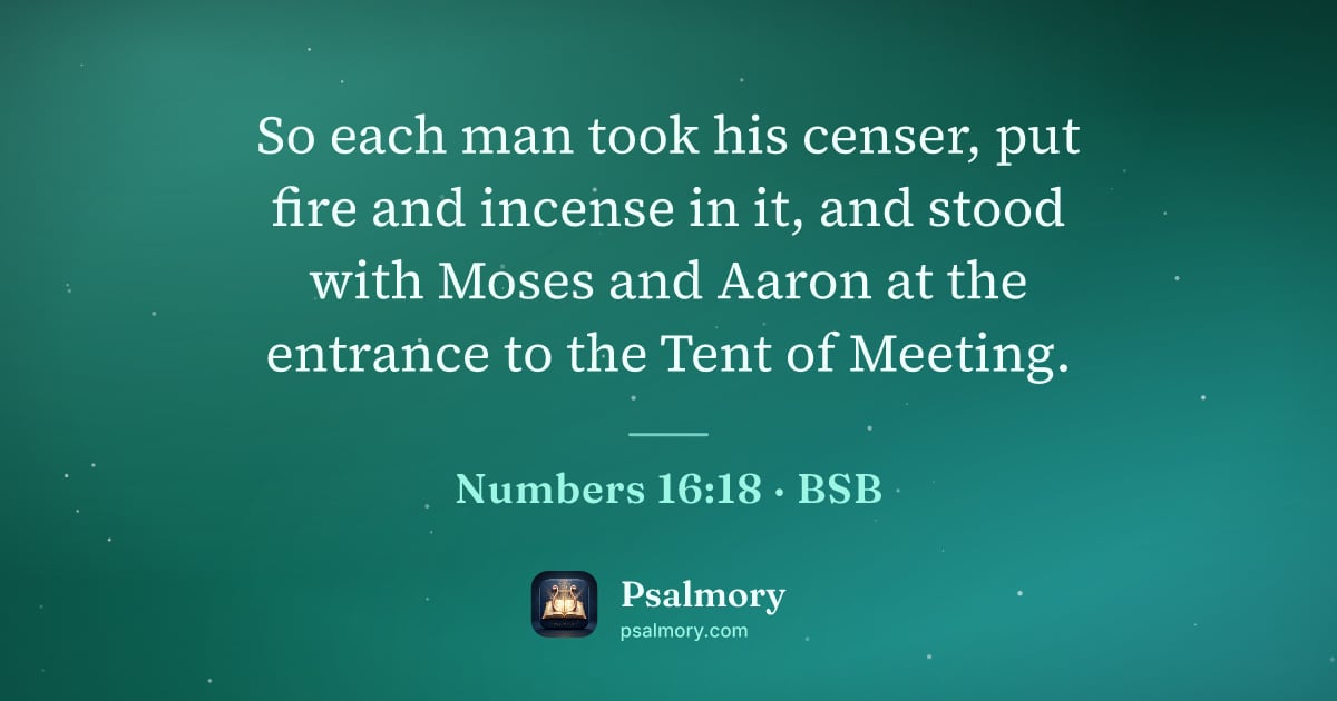 Numbers 16:18 verse artwork: So each man took his censer, put fire and incense in it, and stood with Moses and Aaron…