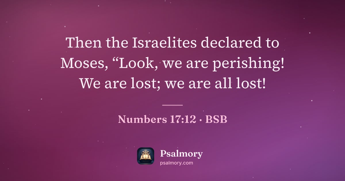 Numbers 17:12 verse artwork: Then the Israelites declared to Moses, “Look, we are perishing! We are lost; we are all…