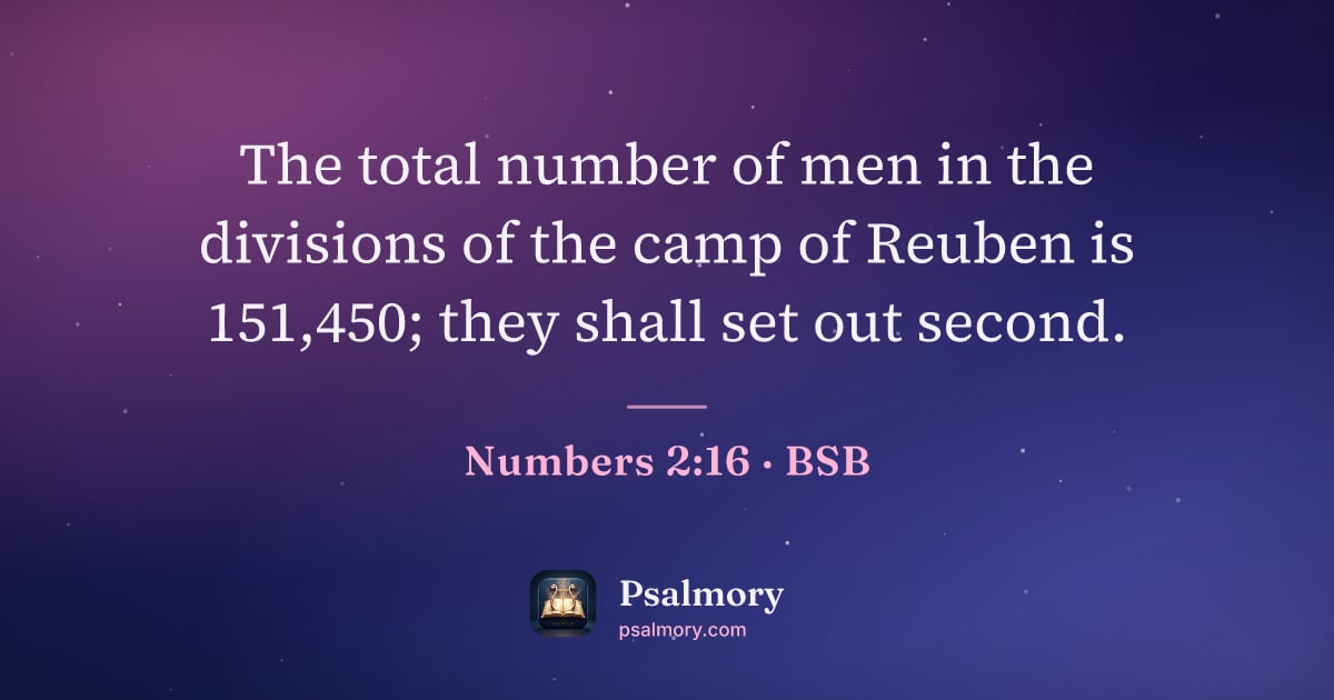 Numbers 2:16 verse artwork: The total number of men in the divisions of the camp of Reuben is 151,450; they shall…