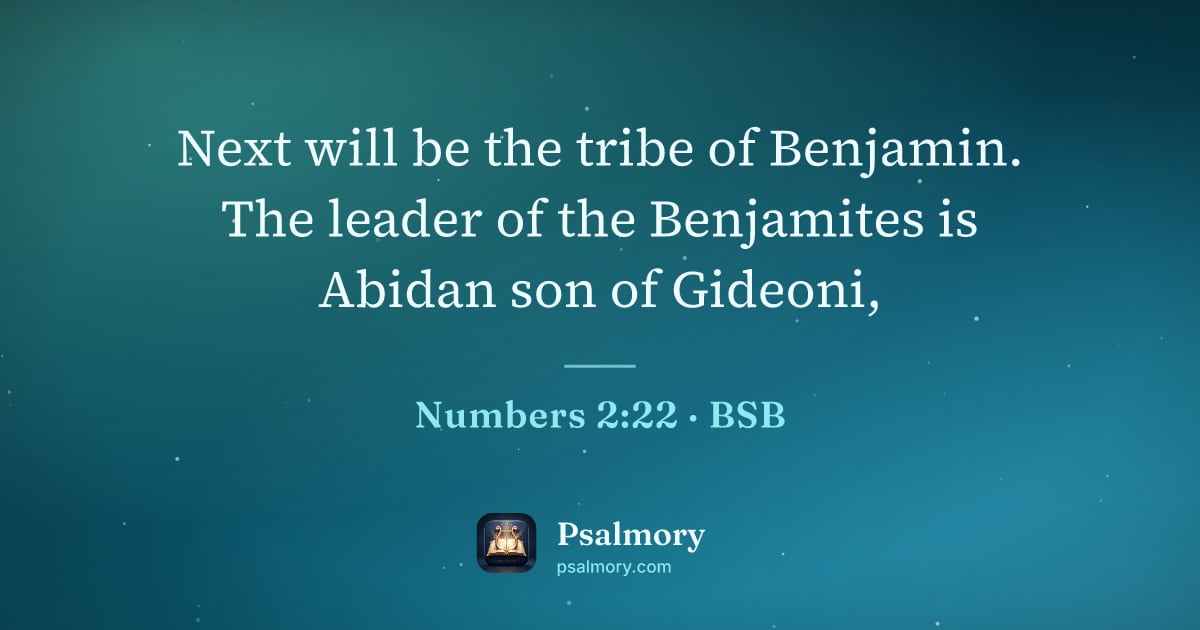 Numbers 2:22 verse artwork: Next will be the tribe of Benjamin. The leader of the Benjamites is Abidan son of Gideoni,