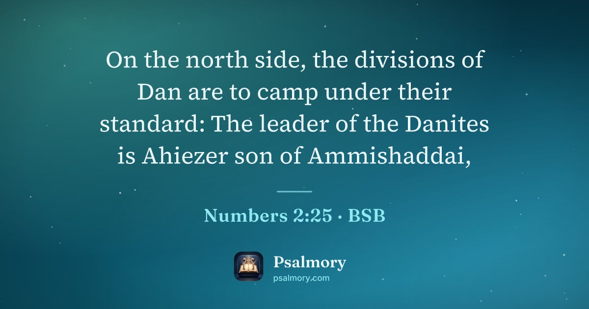 Numbers 2:25 verse artwork: On the north side, the divisions of Dan are to camp under their standard: The leader of…