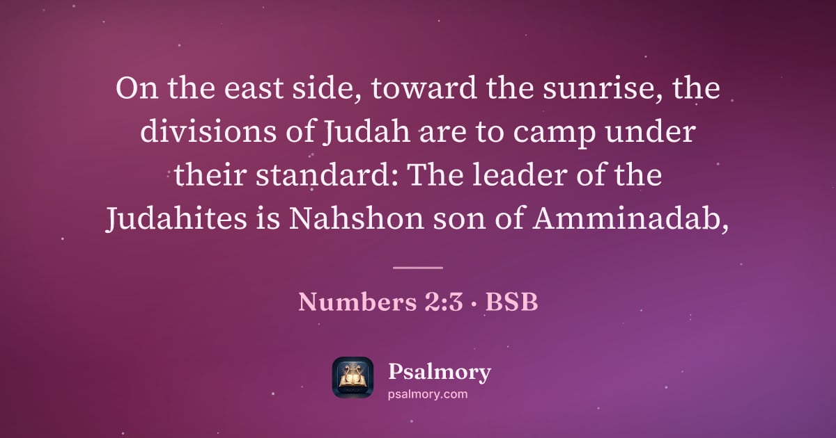 Numbers 2:3 verse artwork: On the east side, toward the sunrise, the divisions of Judah are to camp under their…