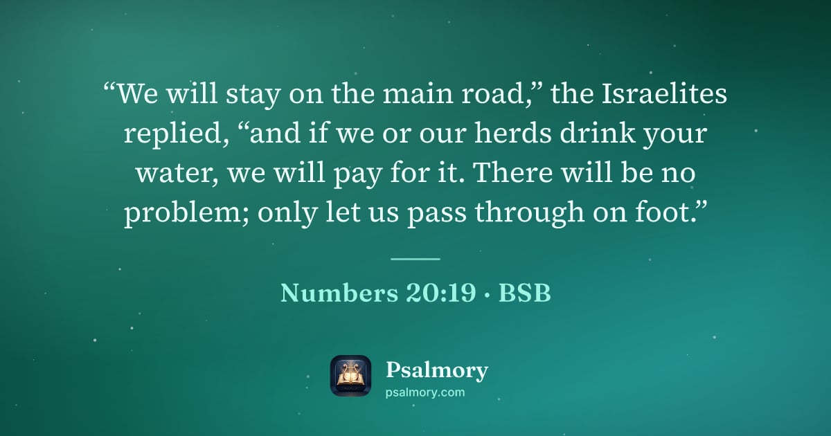 Numbers 20:19 verse artwork: “We will stay on the main road,” the Israelites replied, “and if we or our herds drink…