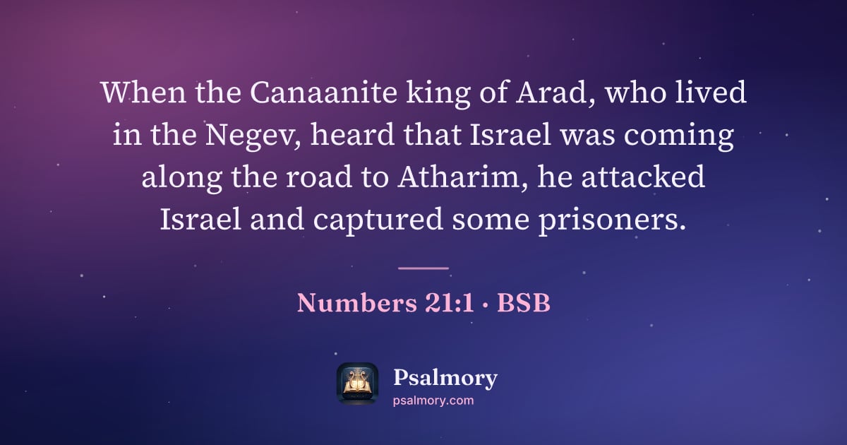 Numbers 21:1 verse artwork: When the Canaanite king of Arad, who lived in the Negev, heard that Israel was coming…