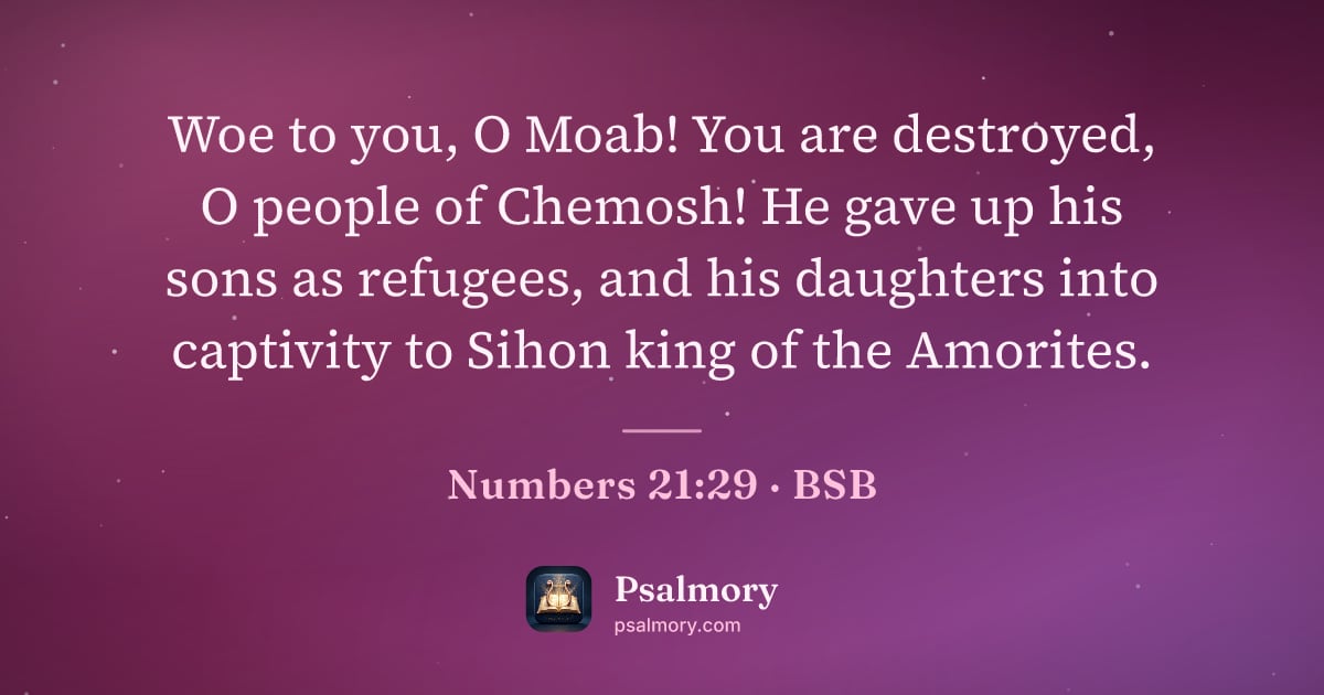 Numbers 21:29 verse artwork: Woe to you, O Moab! You are destroyed, O people of Chemosh! He gave up his sons as…