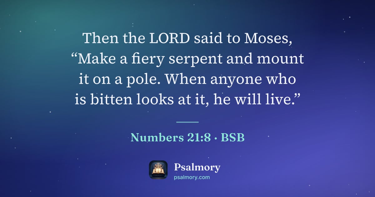 Numbers 21:8 verse artwork: Then the LORD said to Moses, “Make a fiery serpent and mount it on a pole. When anyone…