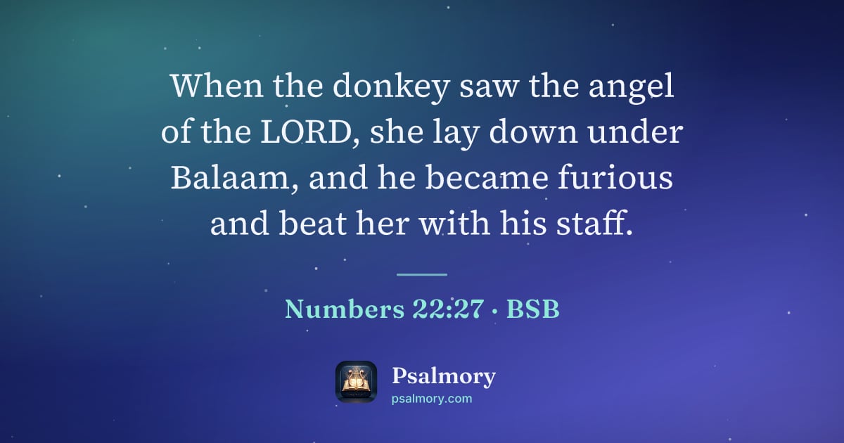 Numbers 22:27 verse artwork: When the donkey saw the angel of the LORD, she lay down under Balaam, and he became…