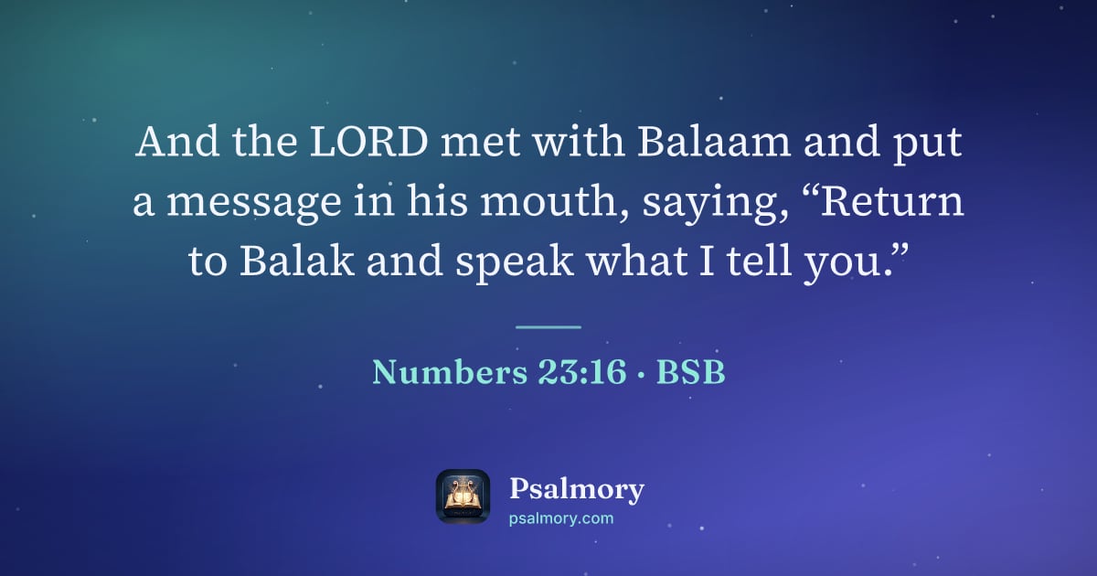 Numbers 23:16 verse artwork: And the LORD met with Balaam and put a message in his mouth, saying, “Return to Balak…