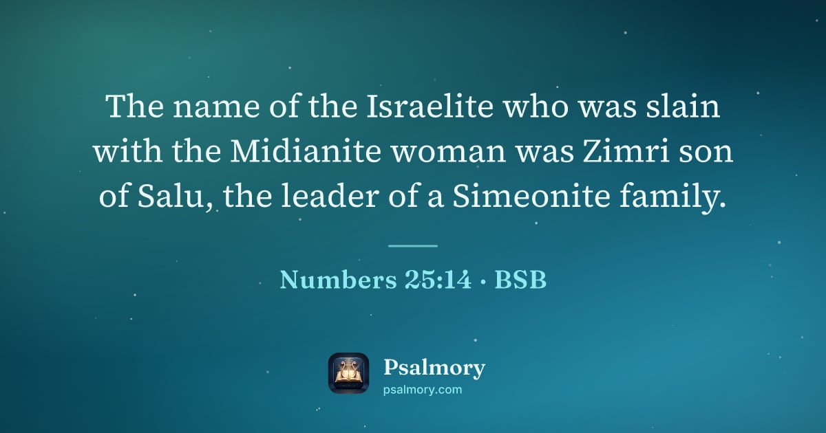 Numbers 25:14 verse artwork: The name of the Israelite who was slain with the Midianite woman was Zimri son of Salu,…