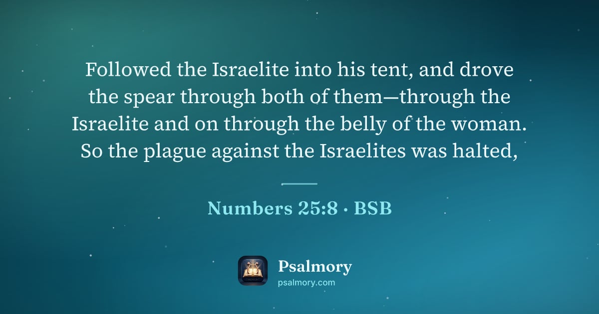Numbers 25:8 verse artwork: Followed the Israelite into his tent, and drove the spear through both of them—through…