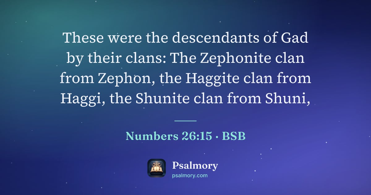 Numbers 26:15 verse artwork: These were the descendants of Gad by their clans: The Zephonite clan from Zephon, the…