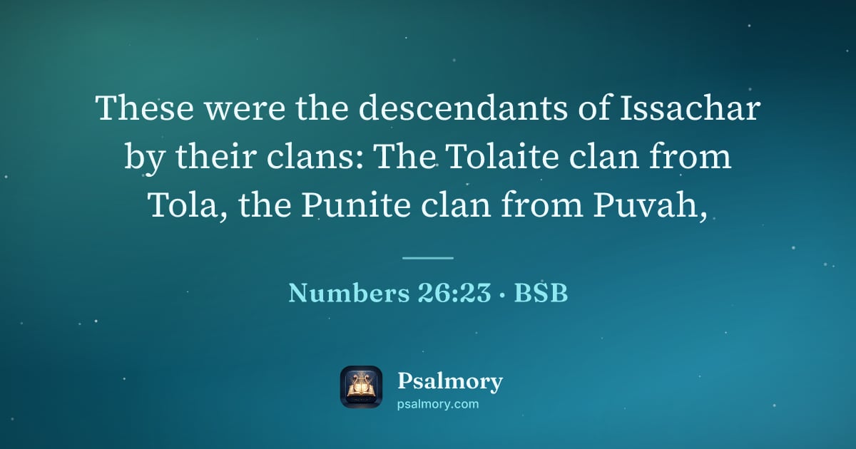 Numbers 26:23 verse artwork: These were the descendants of Issachar by their clans: The Tolaite clan from Tola, the…