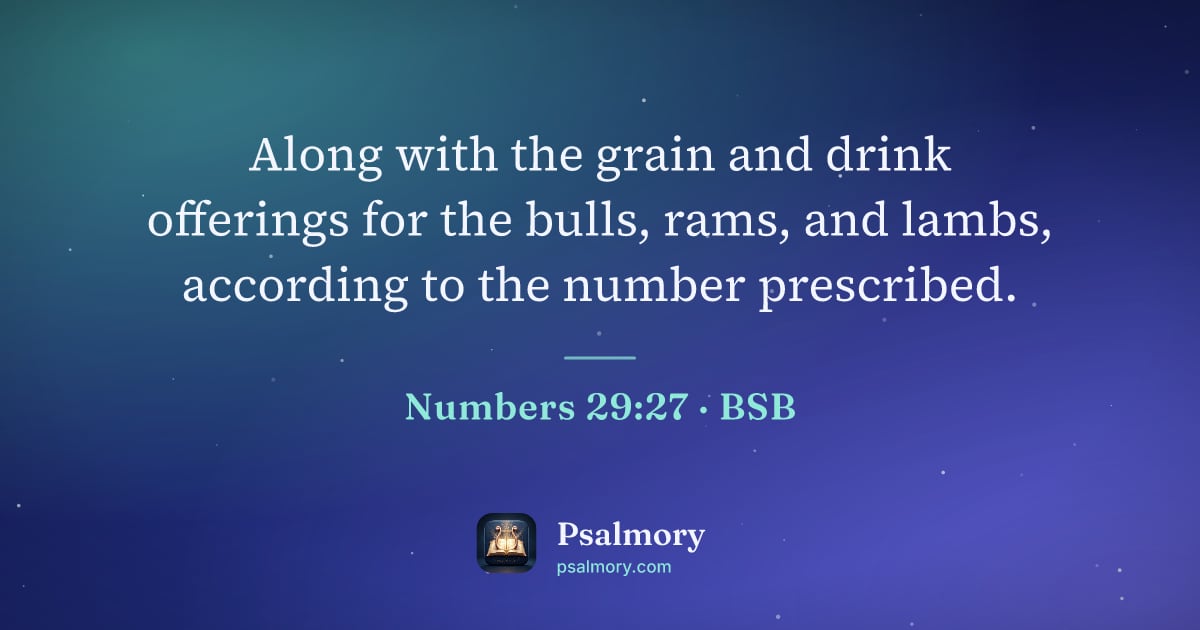 Numbers 29:27 verse artwork: Along with the grain and drink offerings for the bulls, rams, and lambs, according to…