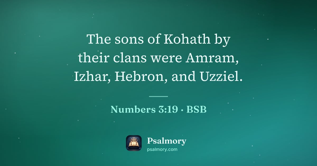 Numbers 3:19 verse artwork: The sons of Kohath by their clans were Amram, Izhar, Hebron, and Uzziel.