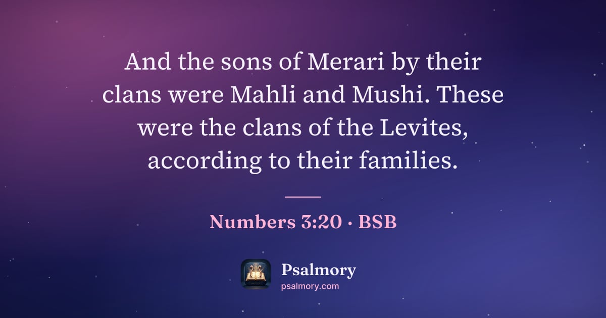 Numbers 3:20 verse artwork: And the sons of Merari by their clans were Mahli and Mushi. These were the clans of the…