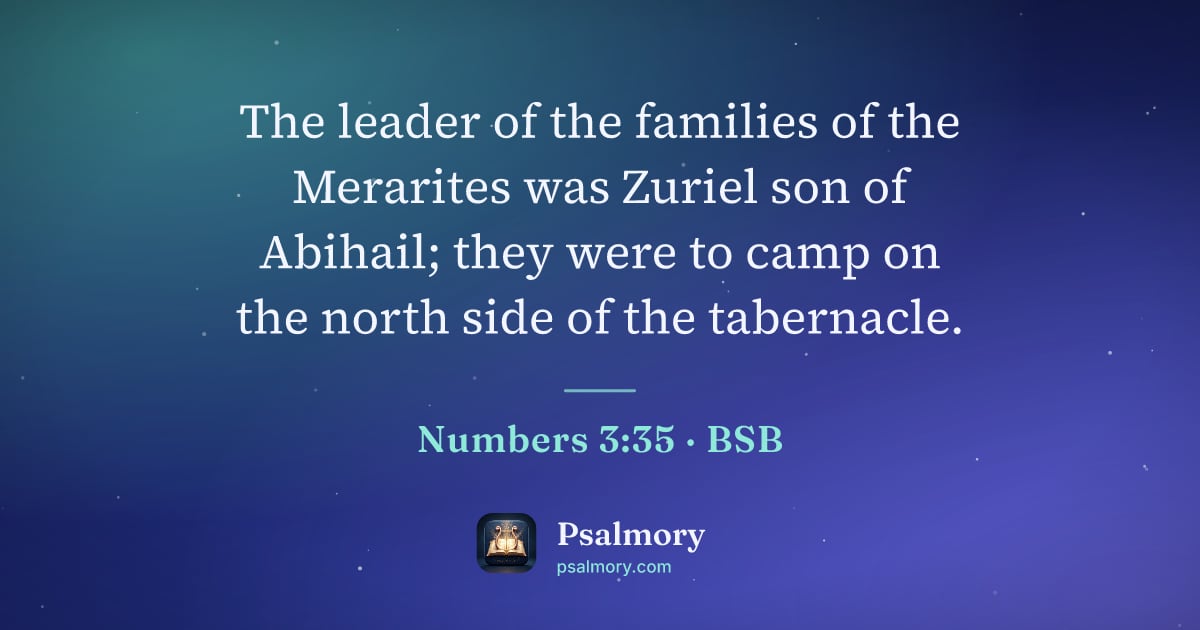 Numbers 3:35 verse artwork: The leader of the families of the Merarites was Zuriel son of Abihail; they were to camp…