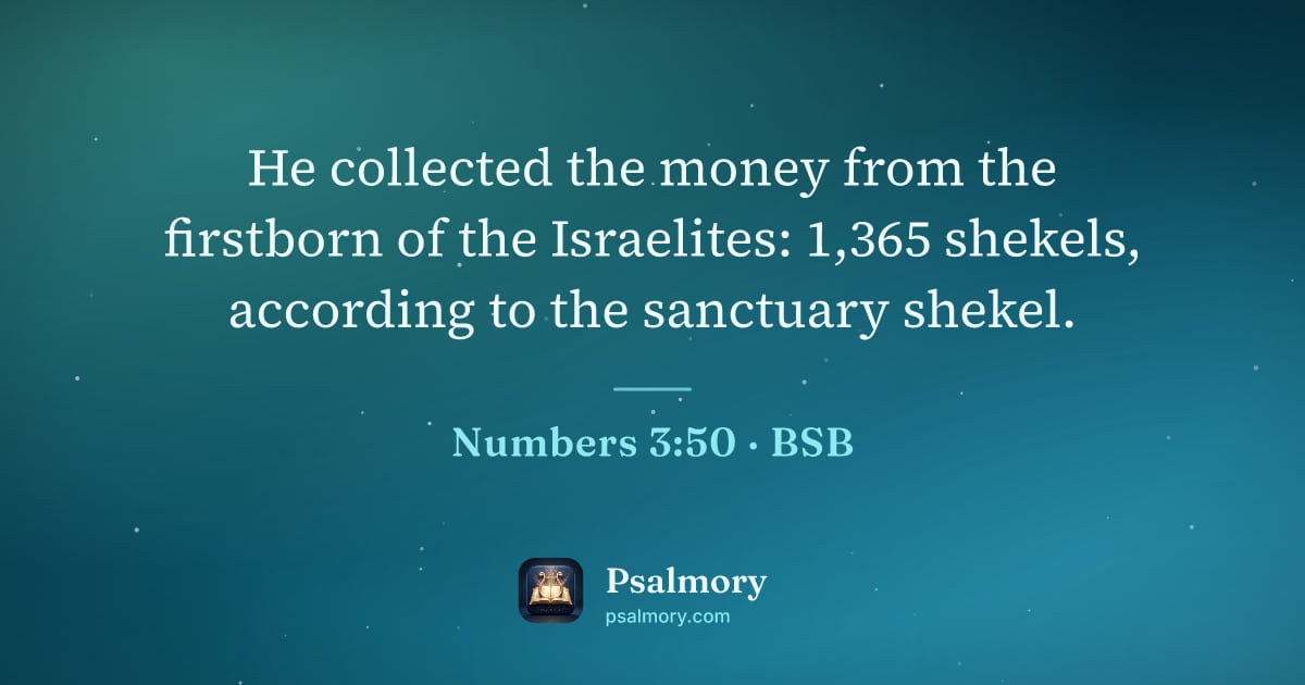 Numbers 3:50 verse artwork: He collected the money from the firstborn of the Israelites: 1,365 shekels, according to…