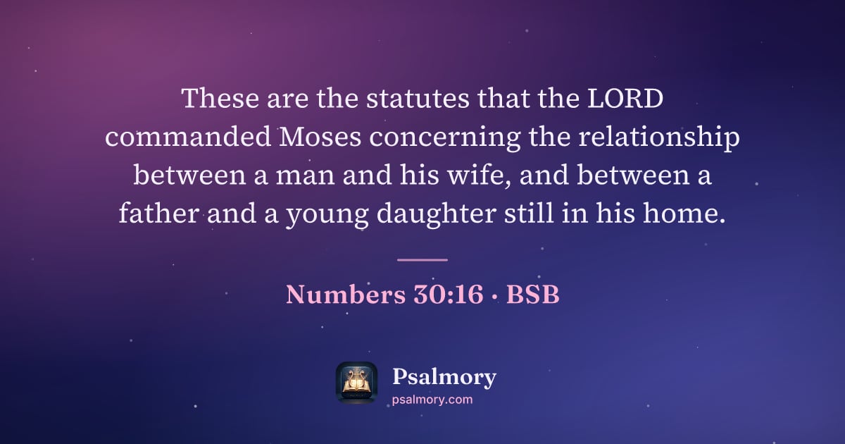 Numbers 30:16 verse artwork: These are the statutes that the LORD commanded Moses concerning the relationship between…
