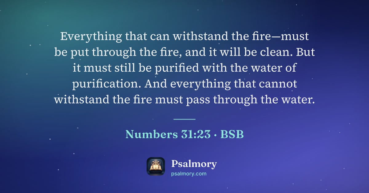 Numbers 31:23 verse artwork: Everything that can withstand the fire—must be put through the fire, and it will be…