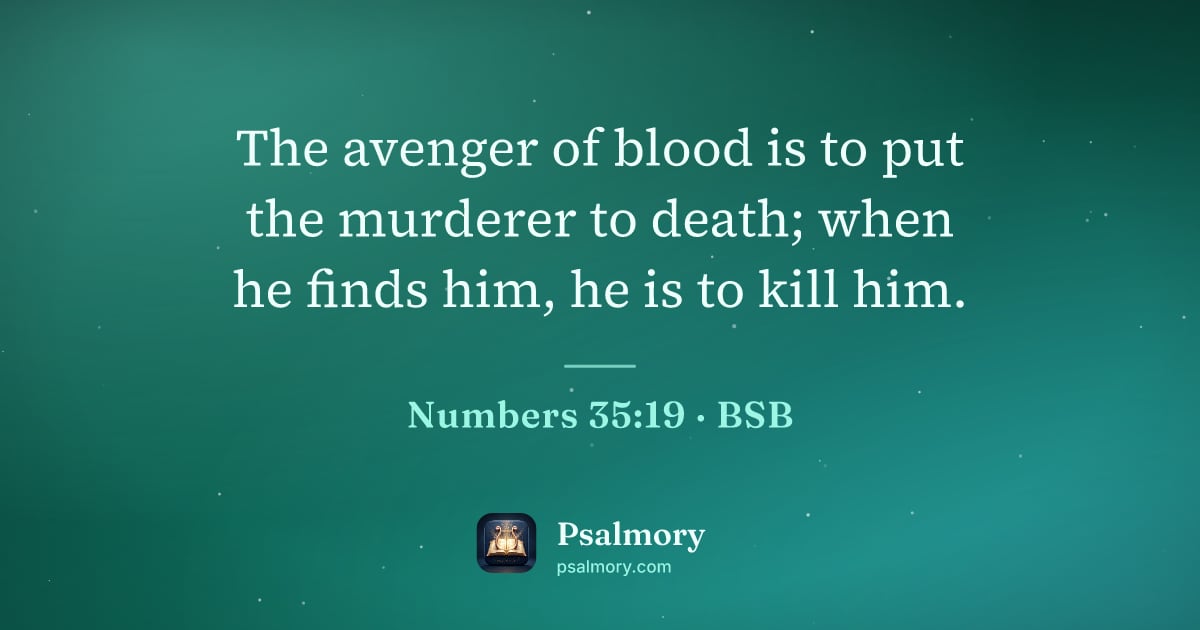 Numbers 35:19 verse artwork: The avenger of blood is to put the murderer to death; when he finds him, he is to kill…