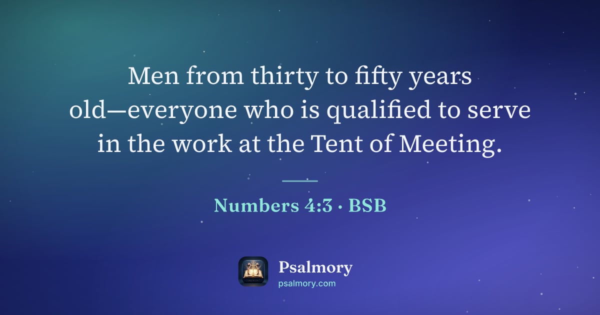Numbers 4:3 verse artwork: Men from thirty to fifty years old—everyone who is qualified to serve in the work at the…