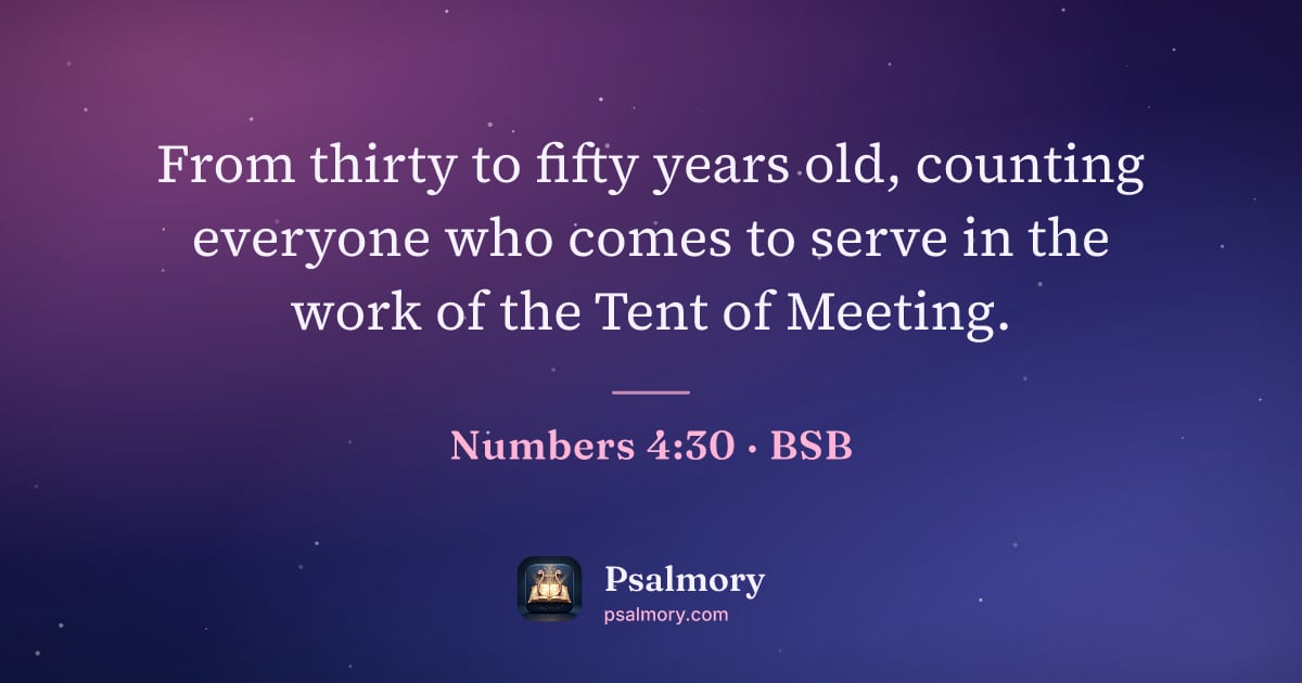 Numbers 4:30 verse artwork: From thirty to fifty years old, counting everyone who comes to serve in the work of the…