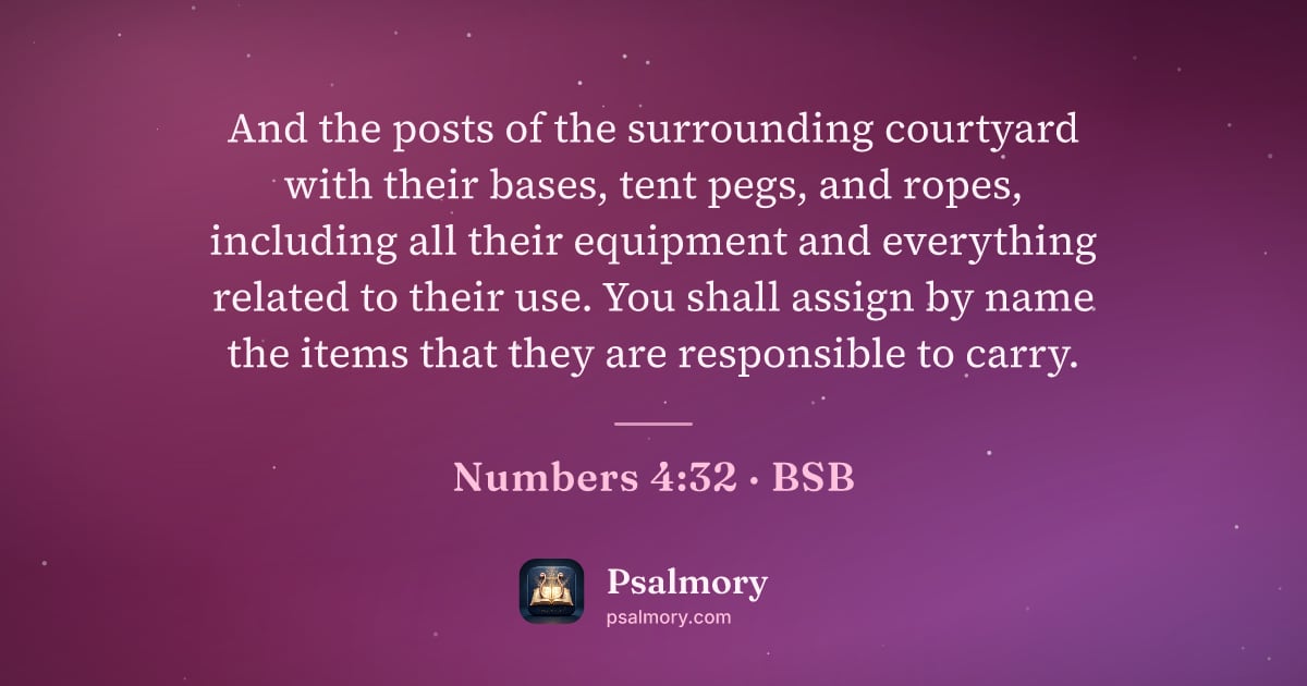 Numbers 4:32 verse artwork: And the posts of the surrounding courtyard with their bases, tent pegs, and ropes,…
