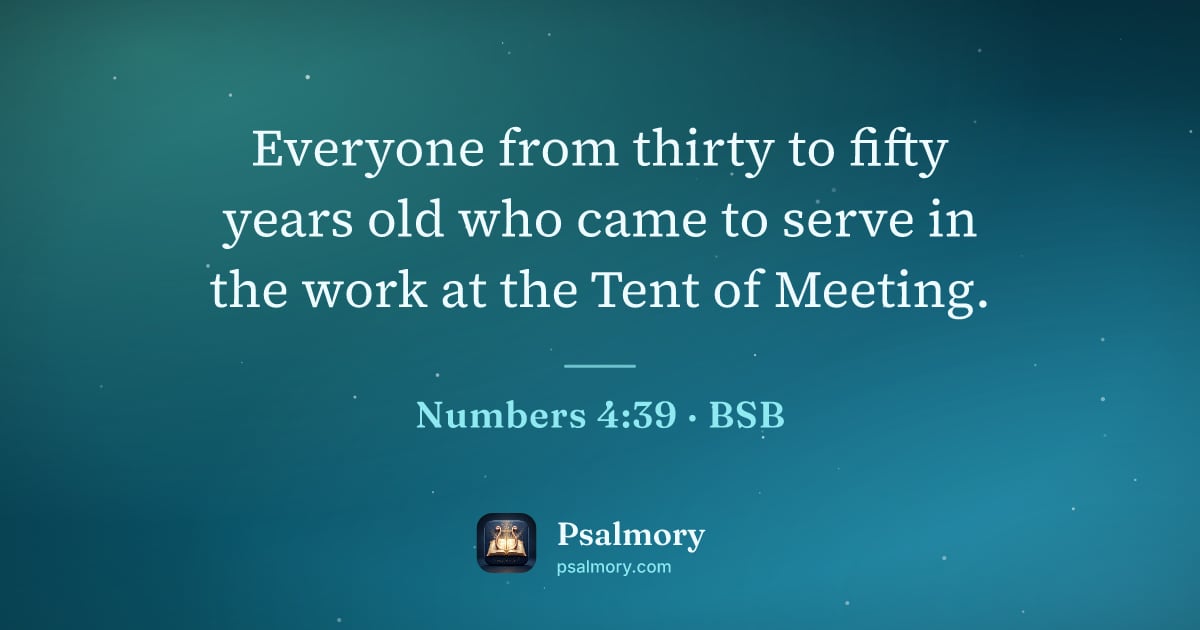 Numbers 4:39 verse artwork: Everyone from thirty to fifty years old who came to serve in the work at the Tent of…