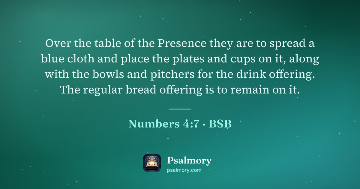 Numbers 4:7 verse artwork: Over the table of the Presence they are to spread a blue cloth and place the plates and…