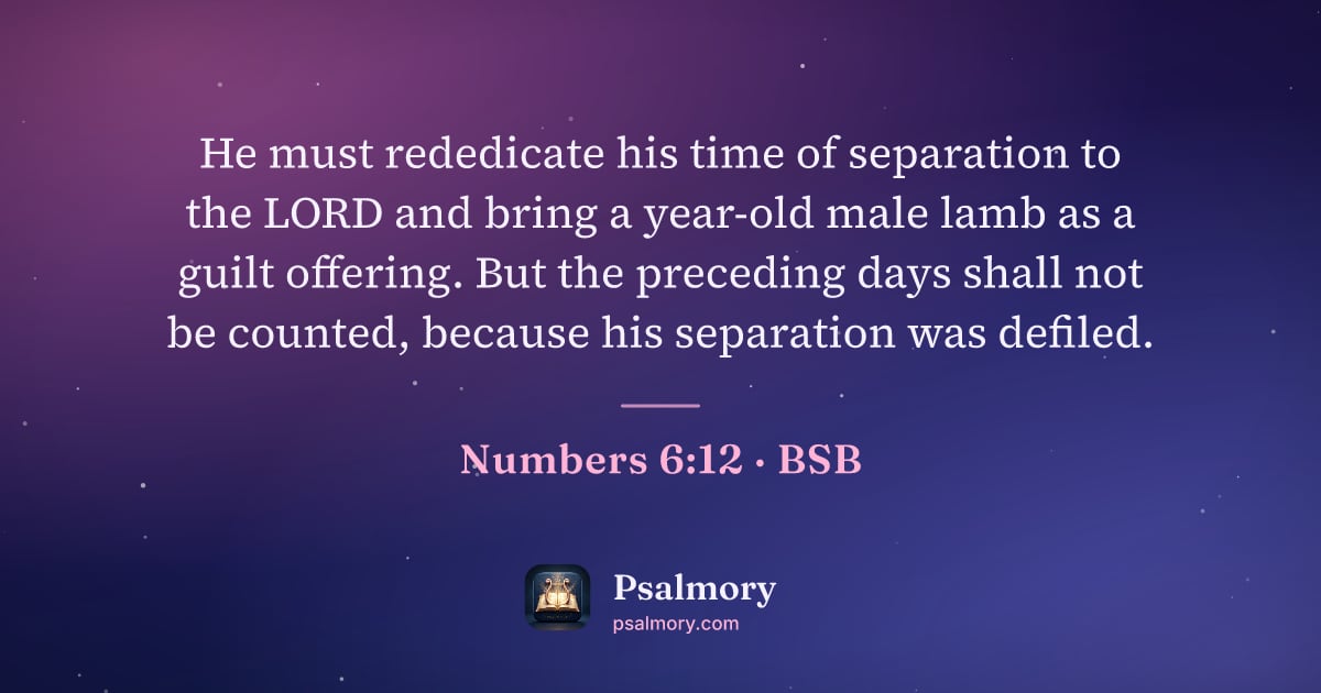 Numbers 6:12 verse artwork: He must rededicate his time of separation to the LORD and bring a year-old male lamb as…