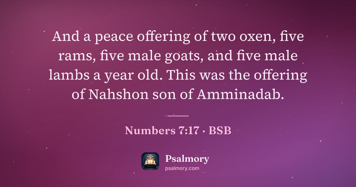 Numbers 7:17 verse artwork: And a peace offering of two oxen, five rams, five male goats, and five male lambs a year…