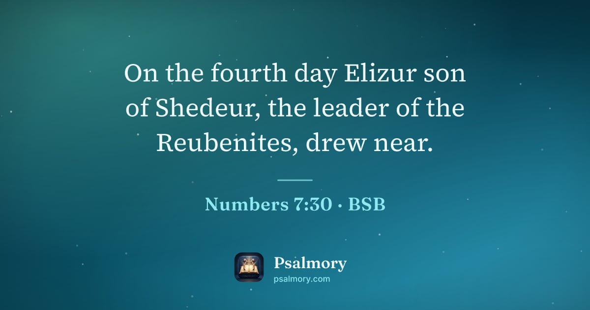 Numbers 7:30 verse artwork: On the fourth day Elizur son of Shedeur, the leader of the Reubenites, drew near.