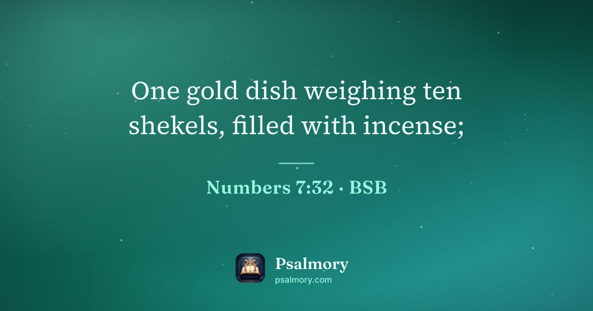 Numbers 7:32 verse artwork: One gold dish weighing ten shekels, filled with incense;