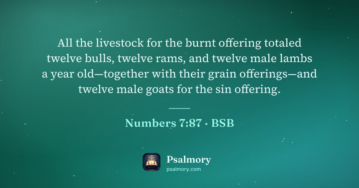 Numbers 7:87 verse artwork: All the livestock for the burnt offering totaled twelve bulls, twelve rams, and twelve…
