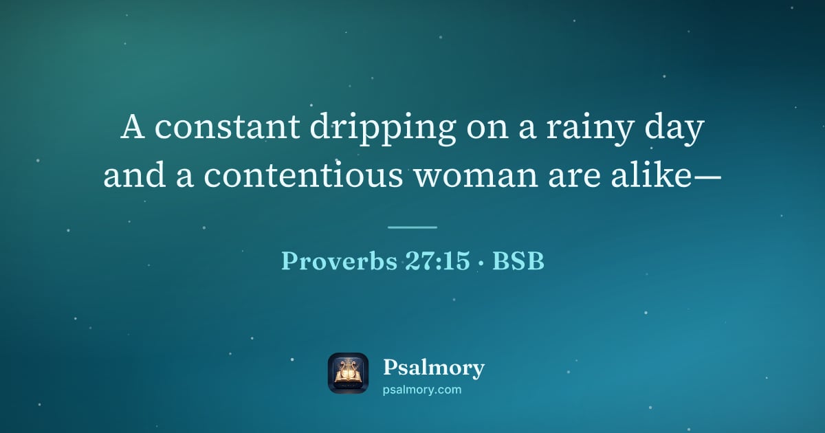 Proverbs 27:15 verse artwork: A constant dripping on a rainy day and a contentious woman are alike—
