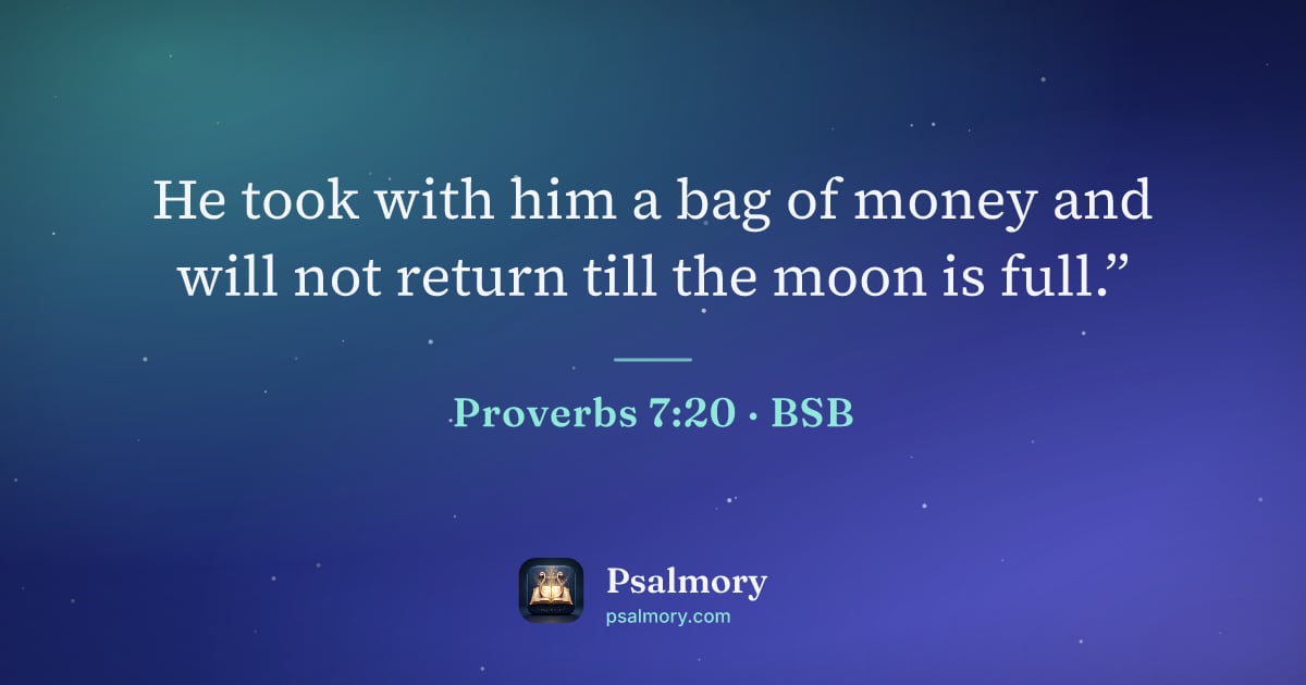 Proverbs 7:20 verse artwork: He took with him a bag of money and will not return till the moon is full.”