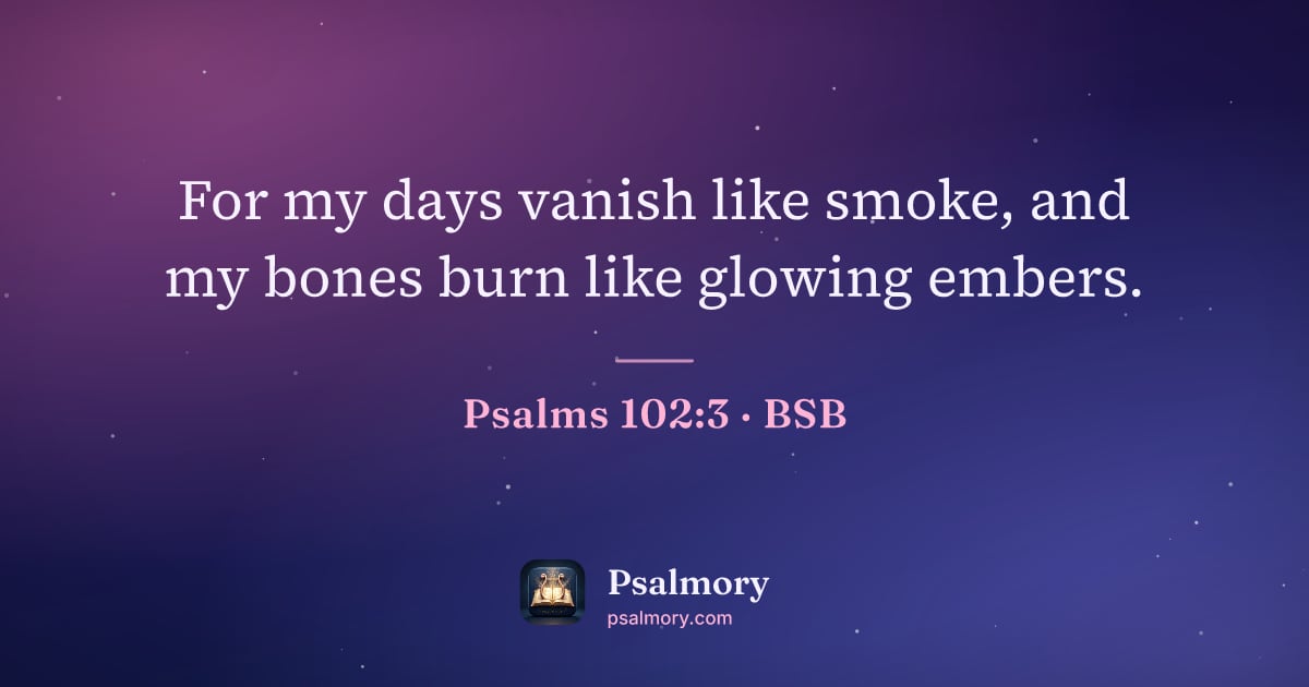 Psalm 102:3 verse artwork: For my days vanish like smoke, and my bones burn like glowing embers.