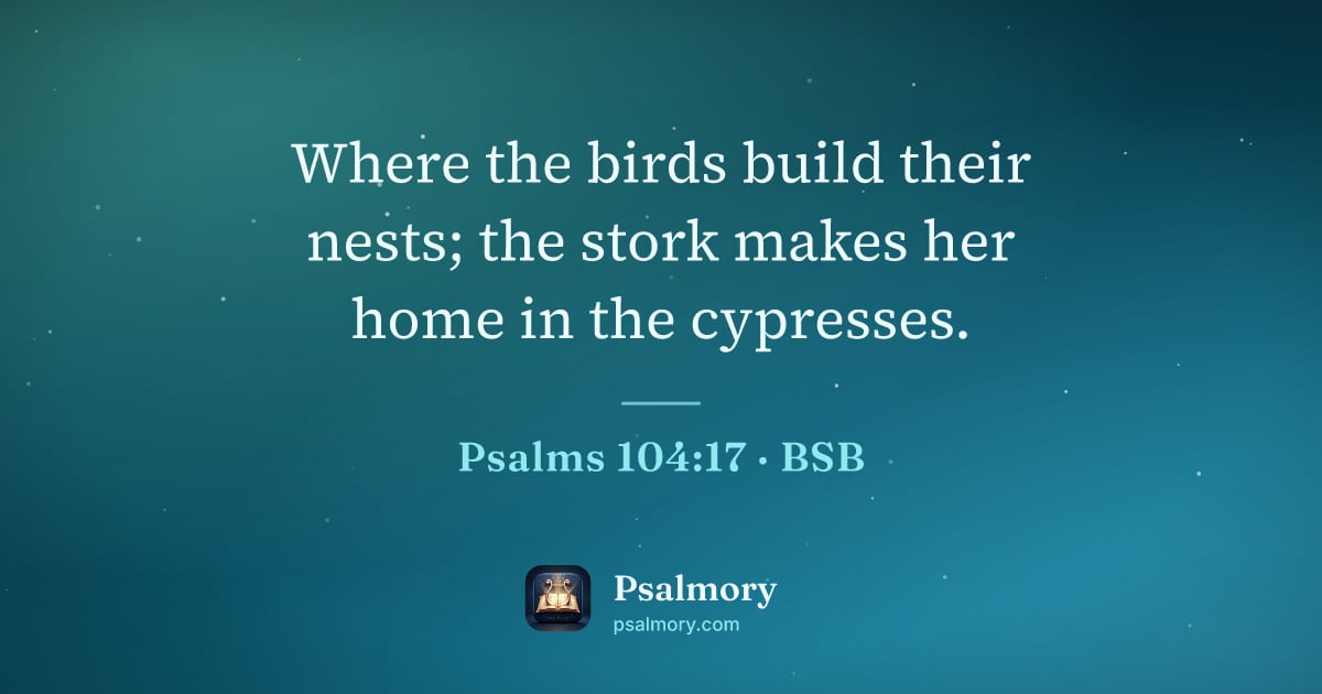 Psalm 104:17 verse artwork: Where the birds build their nests; the stork makes her home in the cypresses.