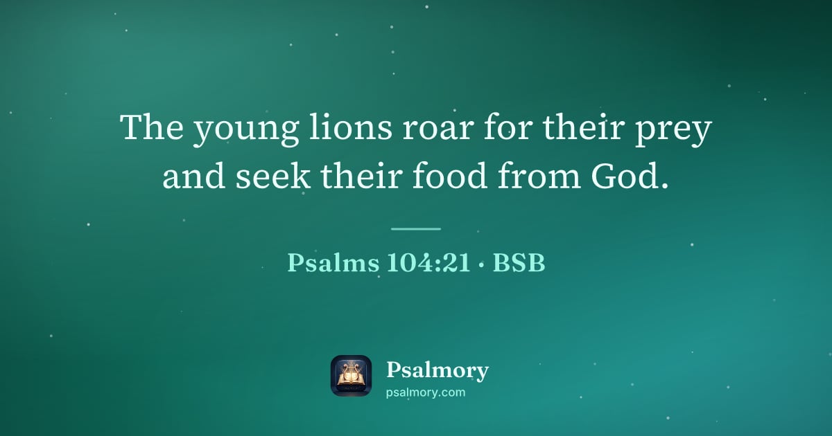 Psalm 104:21 verse artwork: The young lions roar for their prey and seek their food from God.