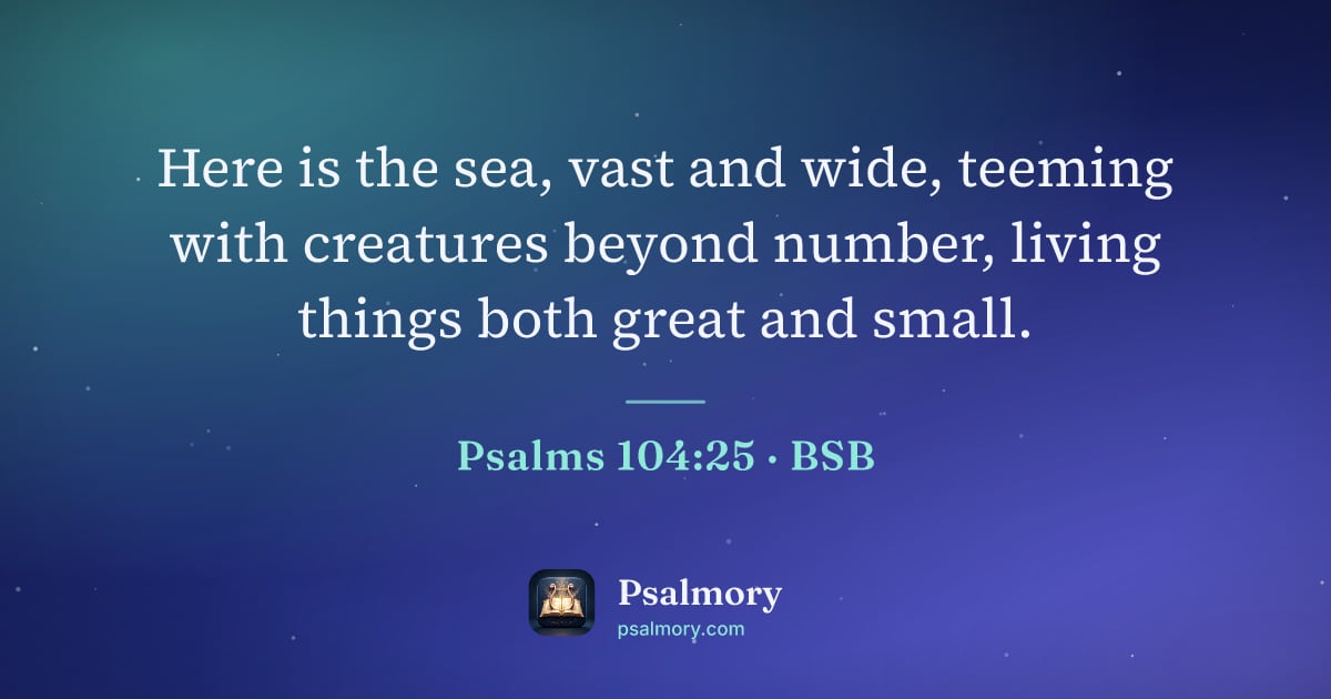 Psalm 104:25 verse artwork: Here is the sea, vast and wide, teeming with creatures beyond number, living things both…