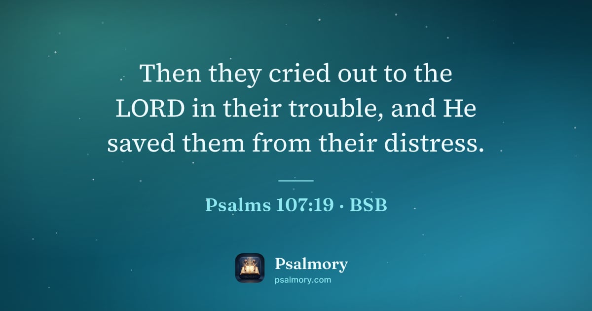 Psalm 107:19 verse artwork: Then they cried out to the LORD in their trouble, and He saved them from their distress.