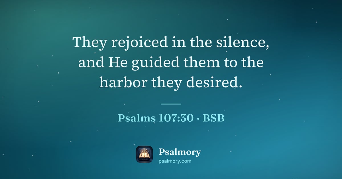 Psalm 107:30 verse artwork: They rejoiced in the silence, and He guided them to the harbor they desired.