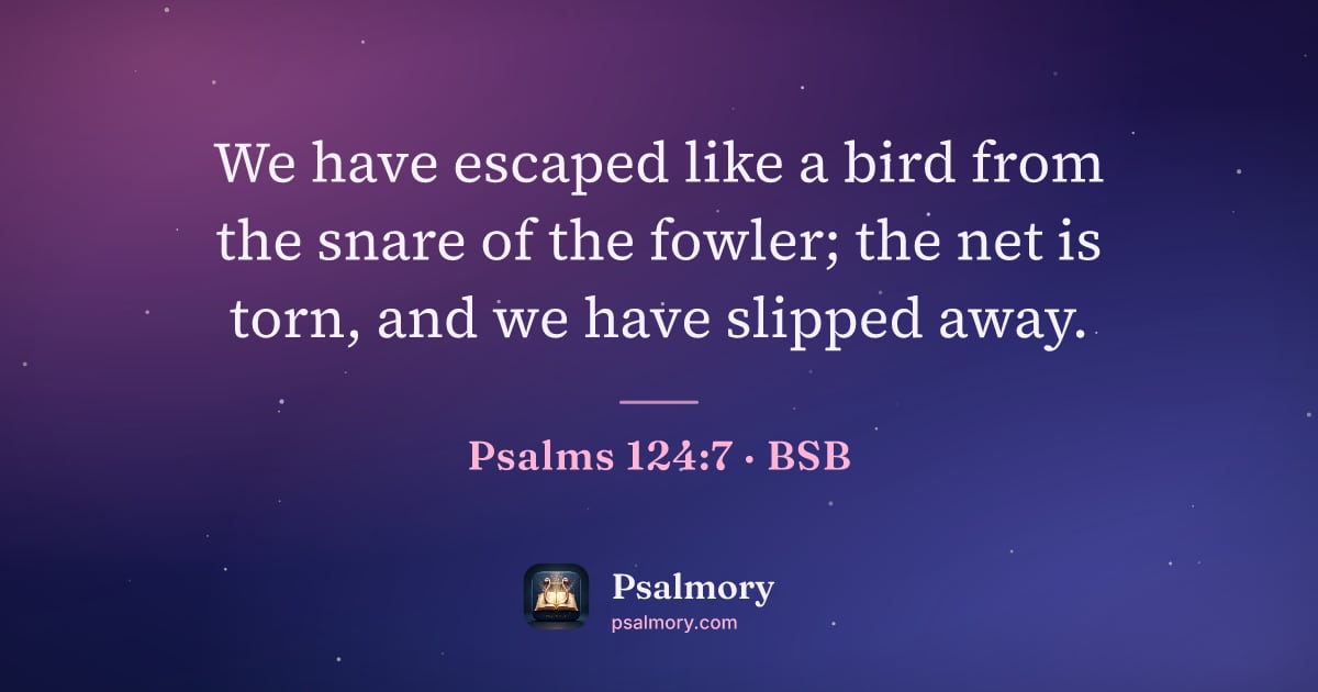 Psalm 124:7 verse artwork: We have escaped like a bird from the snare of the fowler; the net is torn, and we have…