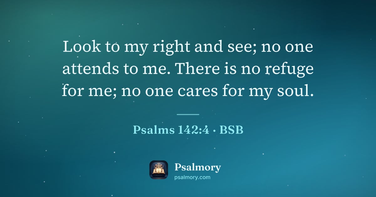 Psalm 142:4 verse artwork: Look to my right and see; no one attends to me. There is no refuge for me; no one cares…
