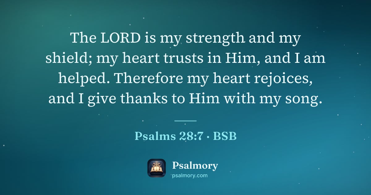 Psalm 28:7 verse artwork: The LORD is my strength and my shield; my heart trusts in Him, and I am helped.…