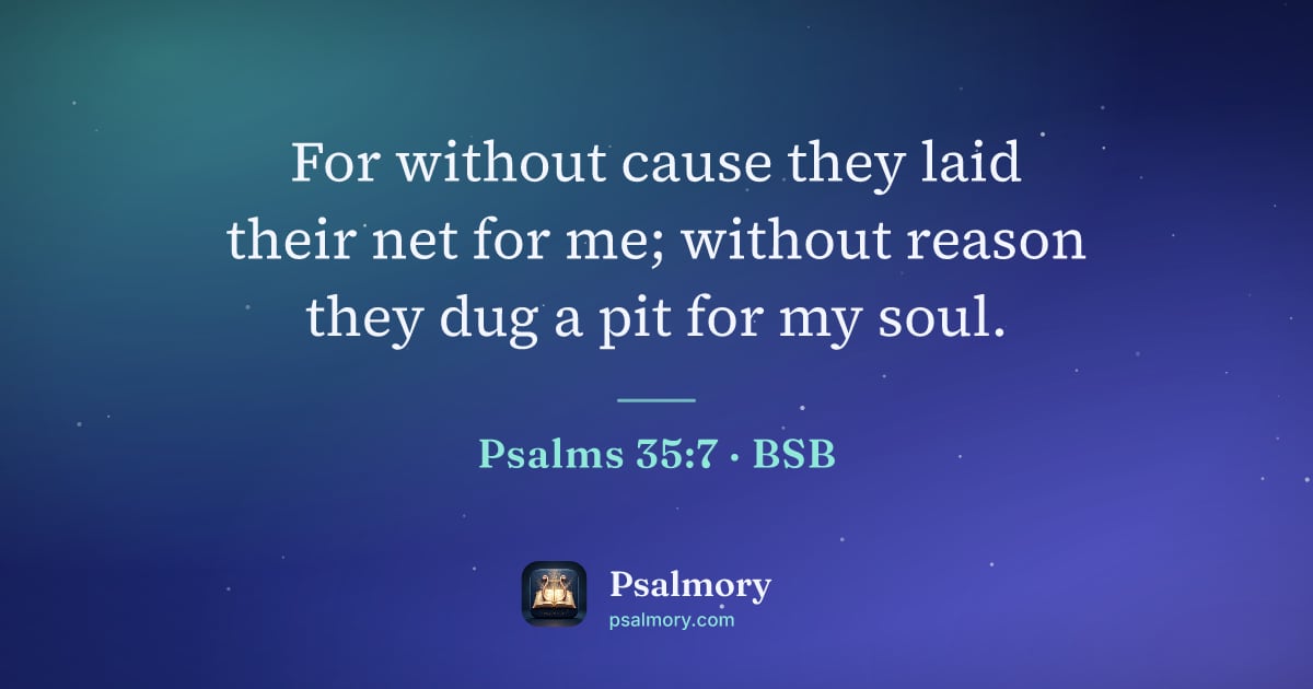 Psalm 35:7 verse artwork: For without cause they laid their net for me; without reason they dug a pit for my soul.