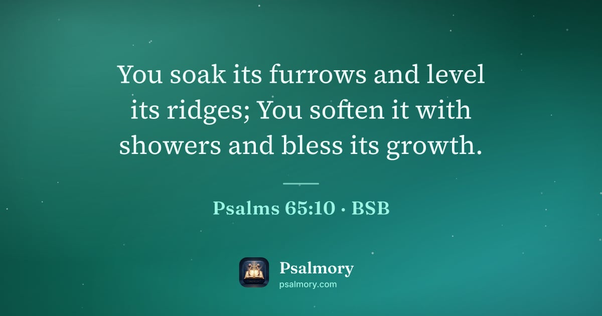 Psalm 65:10 verse artwork: You soak its furrows and level its ridges; You soften it with showers and bless its…