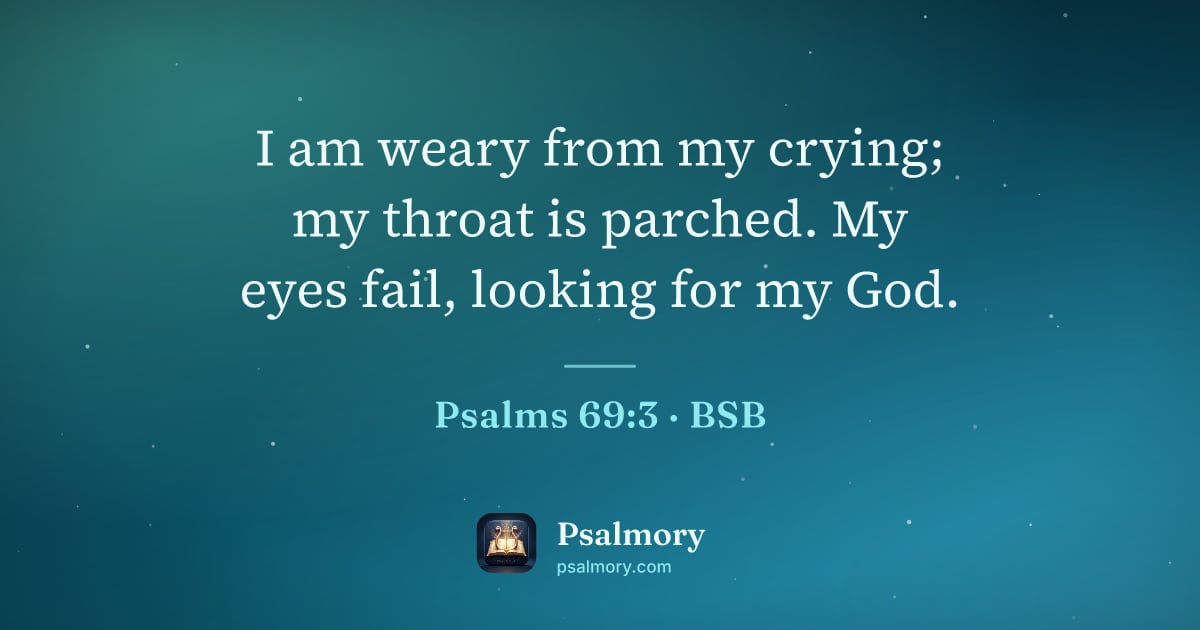 Psalm 69:3 verse artwork: I am weary from my crying; my throat is parched. My eyes fail, looking for my God.
