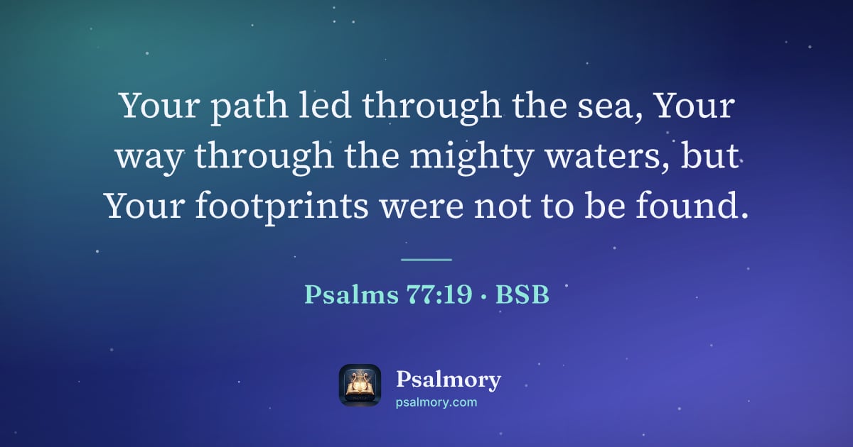 Psalm 77:19 verse artwork: Your path led through the sea, Your way through the mighty waters, but Your footprints…